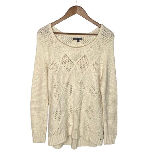 American Eagle Womens Open Cable Knit Sweater Size Extra Large Cream Casual Cozy - Picture 1 of 14